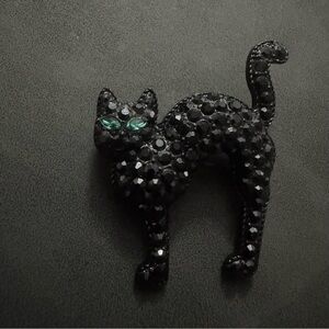 Monet Black Crystal Cat Pin with Emerald Green Eyes